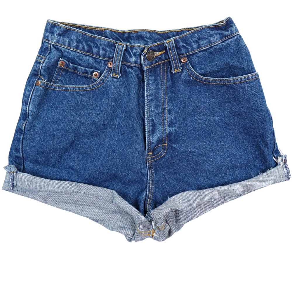VTG Jordache Denim Rolled Shorts Womens 23 Blue High Waist Logo Y2K Streetwear
